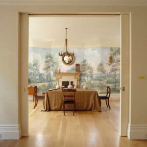 Dining room with English landscape mural wallpaper