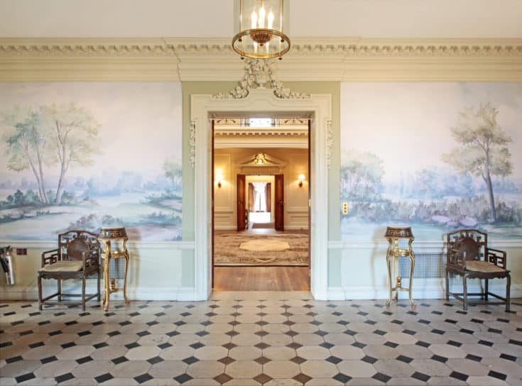 Hedsor House foyer with scenic mural wallpaper