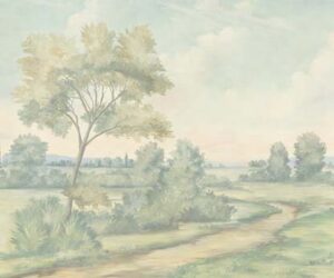 Soft faded painting of a countryside landscape with lush trees, bushes, a walking trail, and a peachy sunset sky