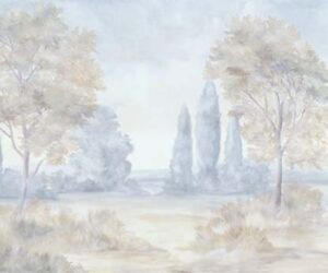 Blue painted landscape with lush tall trees and poplars