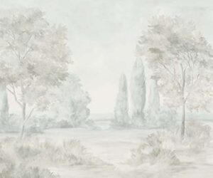 Misty painted grey landscape with lush trees and poplars