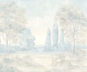 Ethereal misty painted landscape with lush trees and poplars