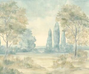 Painted landscape with golden tones in the trees and blue poplars