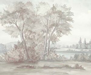 Brown grey neutral painted trees in a landscape with flowers and water