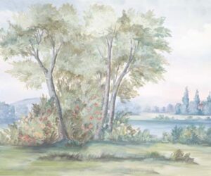 Colorful painted landscape with lush trees, flower bushes, and water and mountains in the background