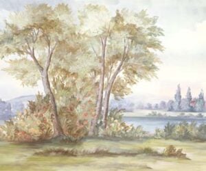 Warm colorful painted landscape with lush trees, flower bushes, water and mountains