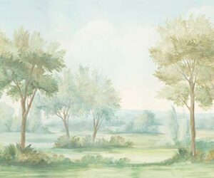 Hand-painted landscape with soft misty trees