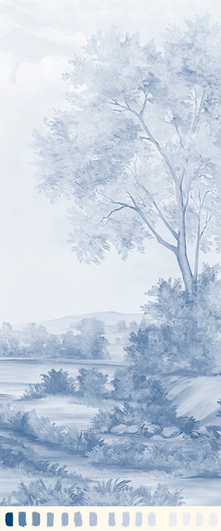 Sample section of a painted mural landscape in an indigo blue color palette with paint sample swatches along the bottom